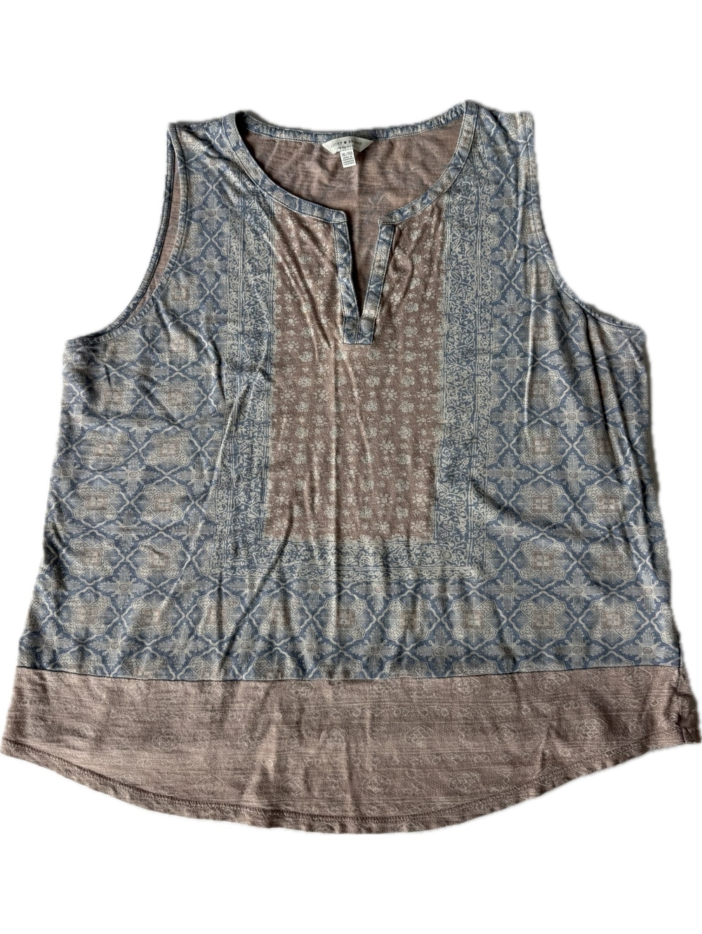 Lucky Brand Women’s XL Blue Brown Mixed Print Sleeveless Henley Boho Tank Top